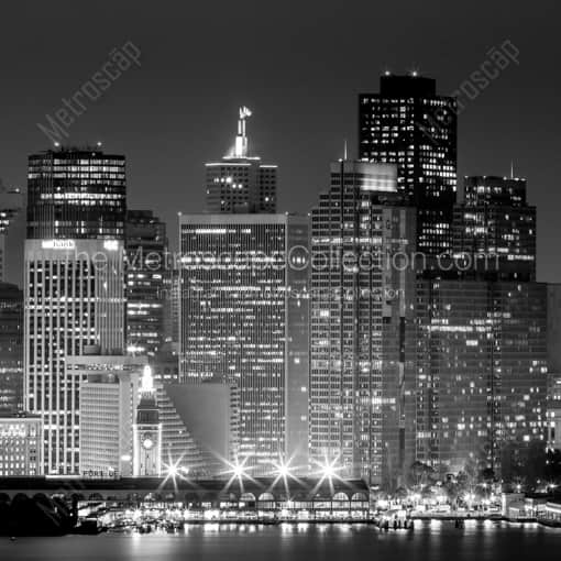 Matte Black WOOD Framed Black and White San Francisco Photograph: The Port of San Francisco at Night in a Square Matte Black Wood Frame