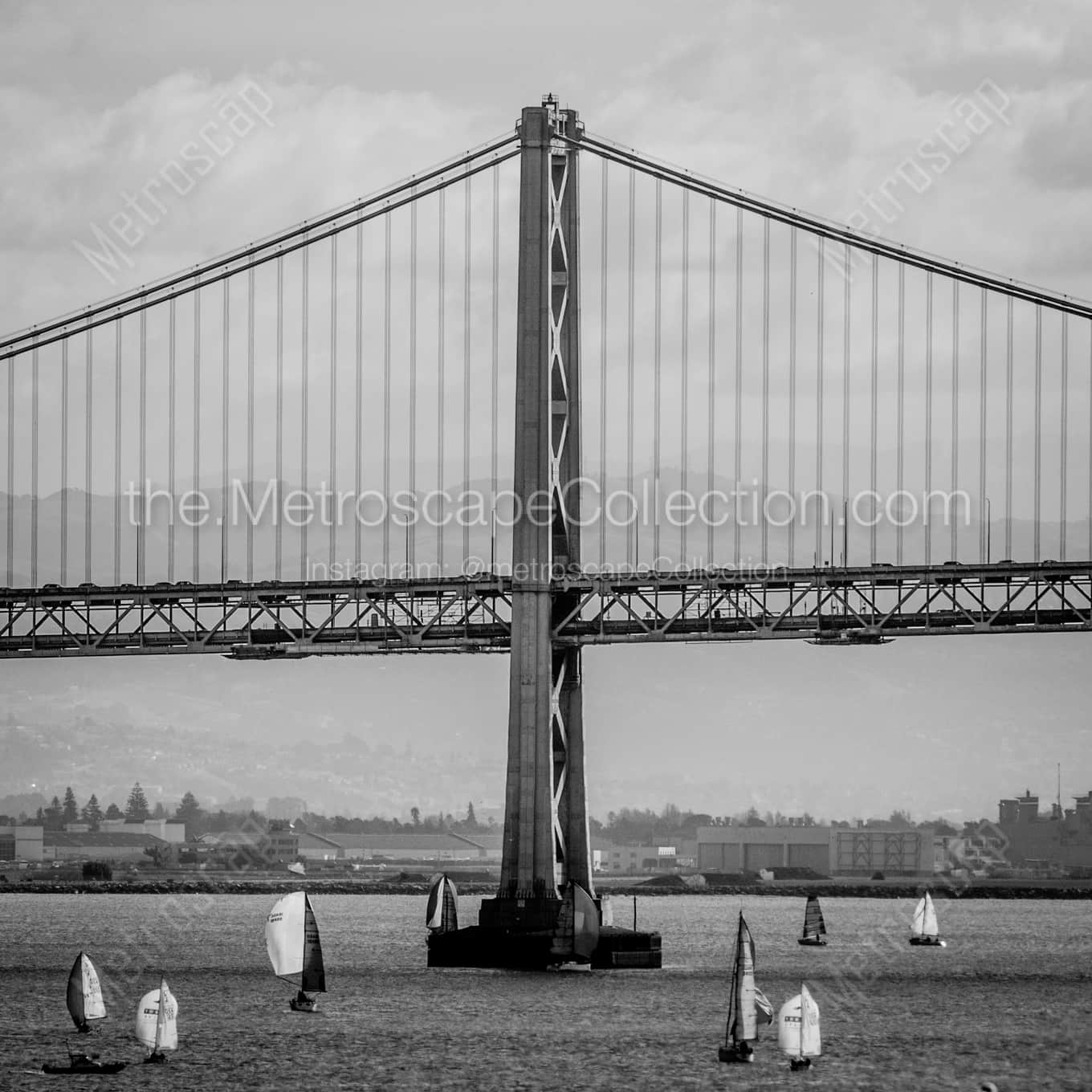 The San Francisco Bay Bridge and Sail Boats on the Bay landscape black and white Photography square crop