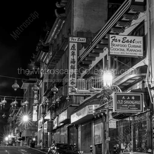 Matte Black WOOD Framed Black and White San Francisco Photograph: A San Francisco Chinatown Night Time Cityscape in a Square Matte Black Wood Frame