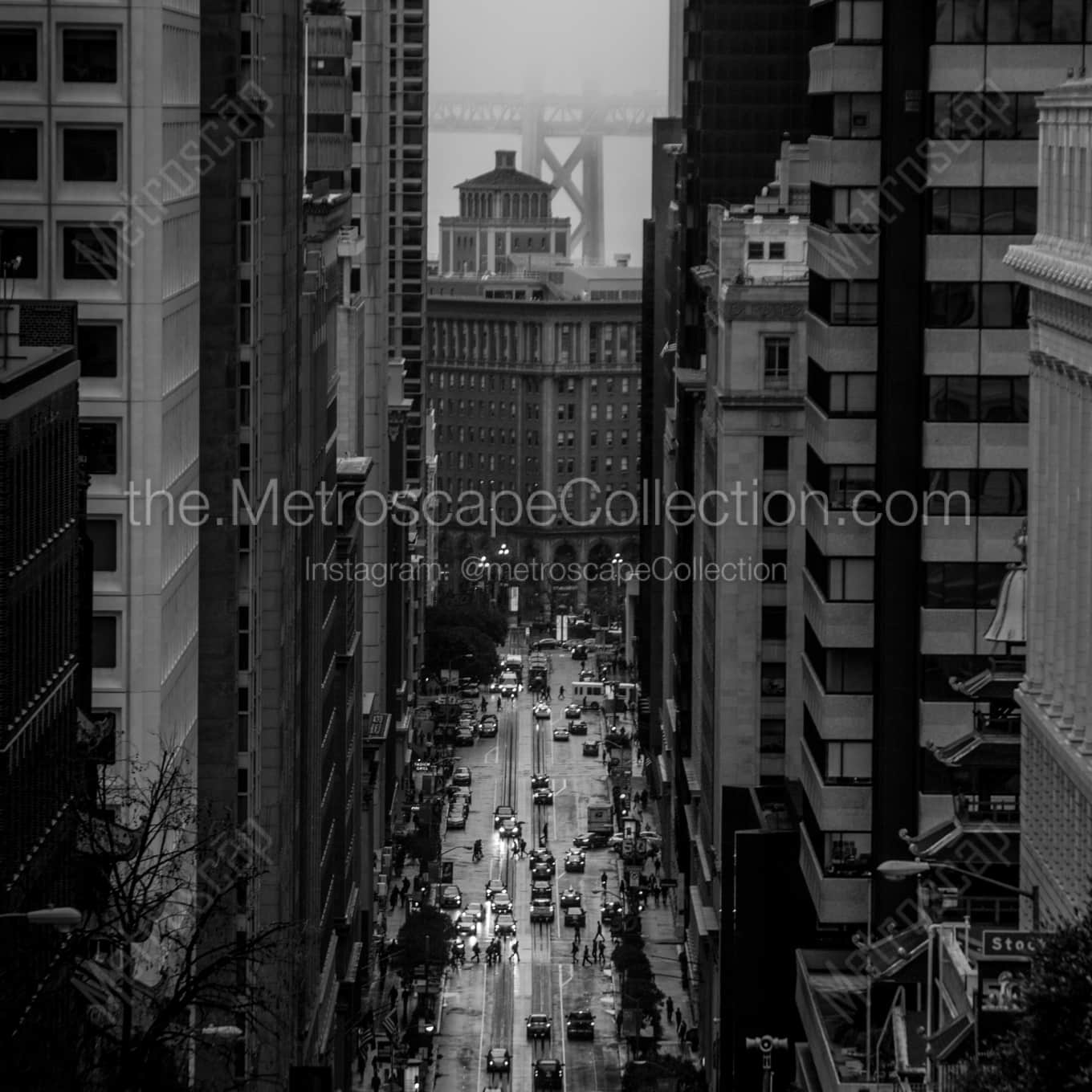A Foggy and Rainy view of California Street and Bay Bridge landscape black and white Photography square crop