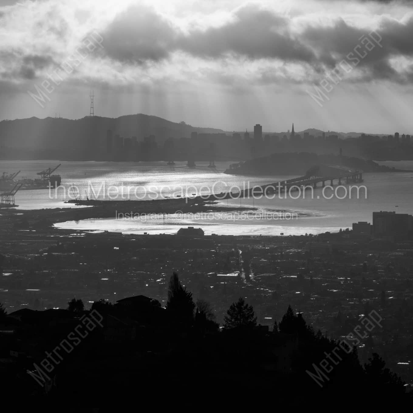 Sun Rays over the San Francisco Bay landscape black and white Photography square crop