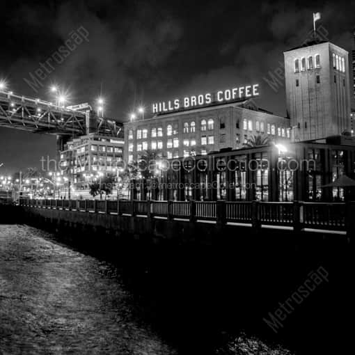 Matte Black WOOD Framed Black and White San Francisco Photograph: Hills Brothers Coffee at Night in a Square Matte Black Wood Frame