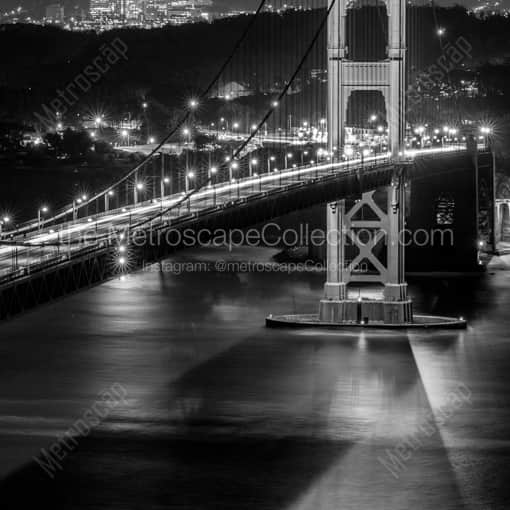 Matte Black WOOD Framed Black and White San Francisco Photograph: The Golden Gate Bridge Camino Real Span at Night in a Square Matte Black Wood Frame