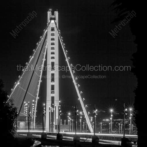 Matte Black WOOD Framed Black and White San Francisco Photograph: The Oakland--San-Francisco Bay Bridge at Night in a Square Matte Black Wood Frame