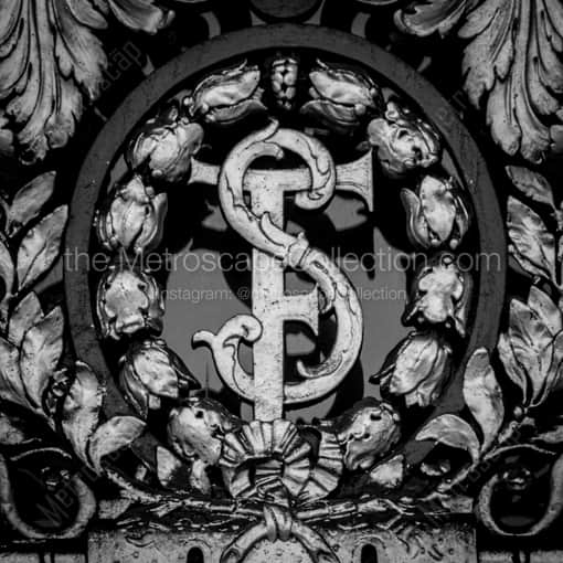 Matte Black WOOD Framed Black and White San Francisco Photograph: An Ornate Interlocked SF on City Hall in a Square Matte Black Wood Frame