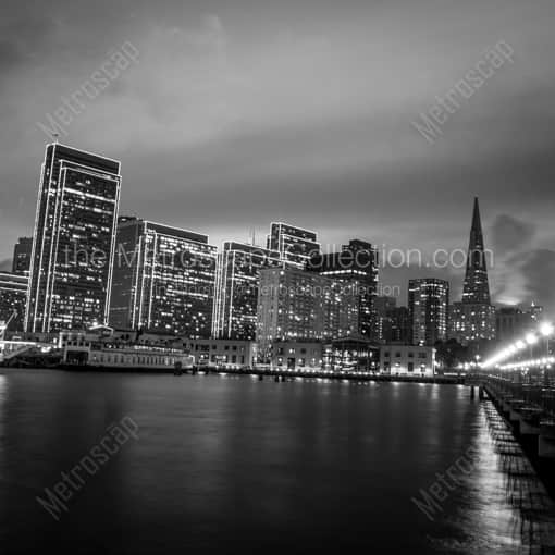 Matte Black WOOD Framed Black and White San Francisco Photograph: The San Francisco Skyline from the Embarcadero in a Square Matte Black Wood Frame