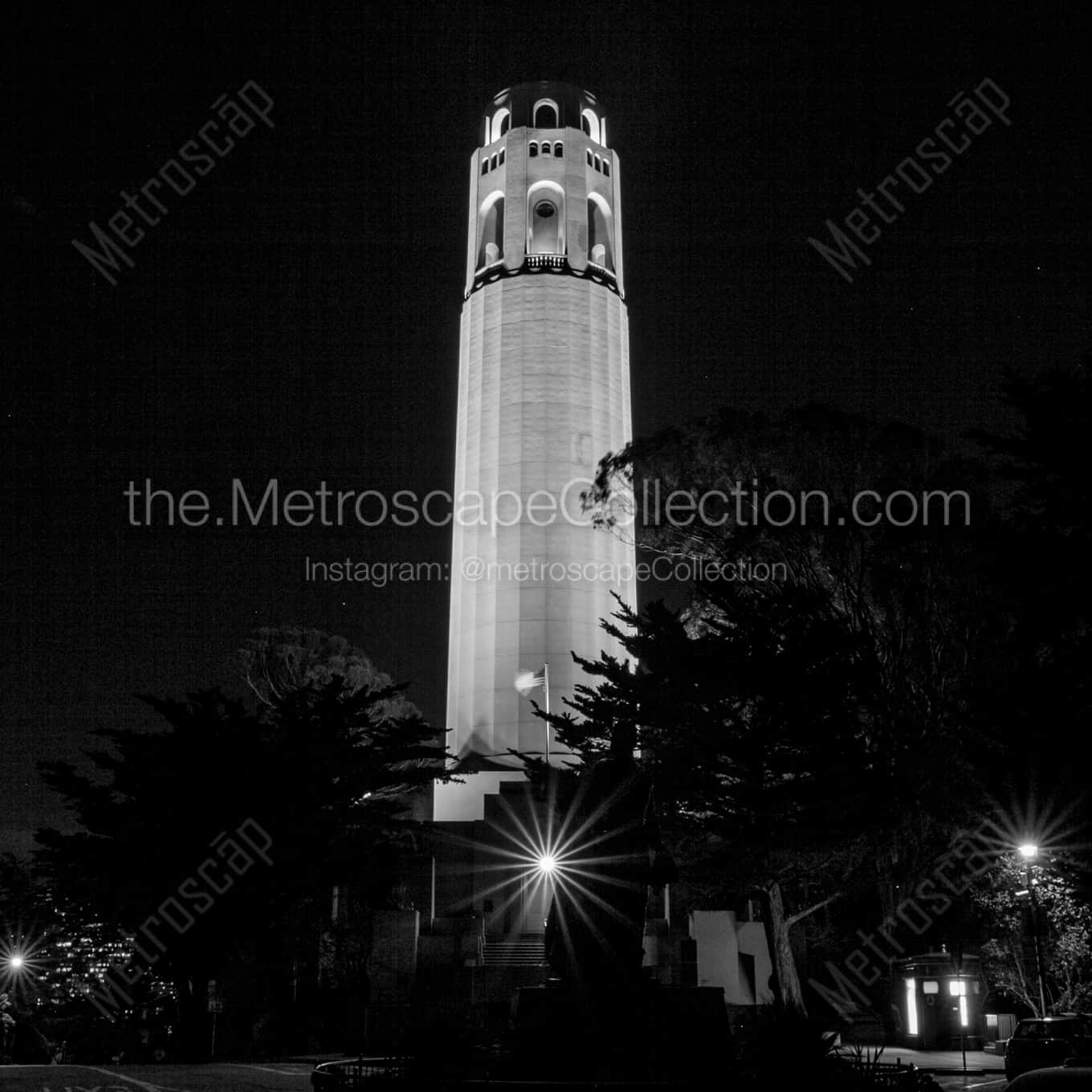 Coit Tower at Night landscape black and white Photography square crop