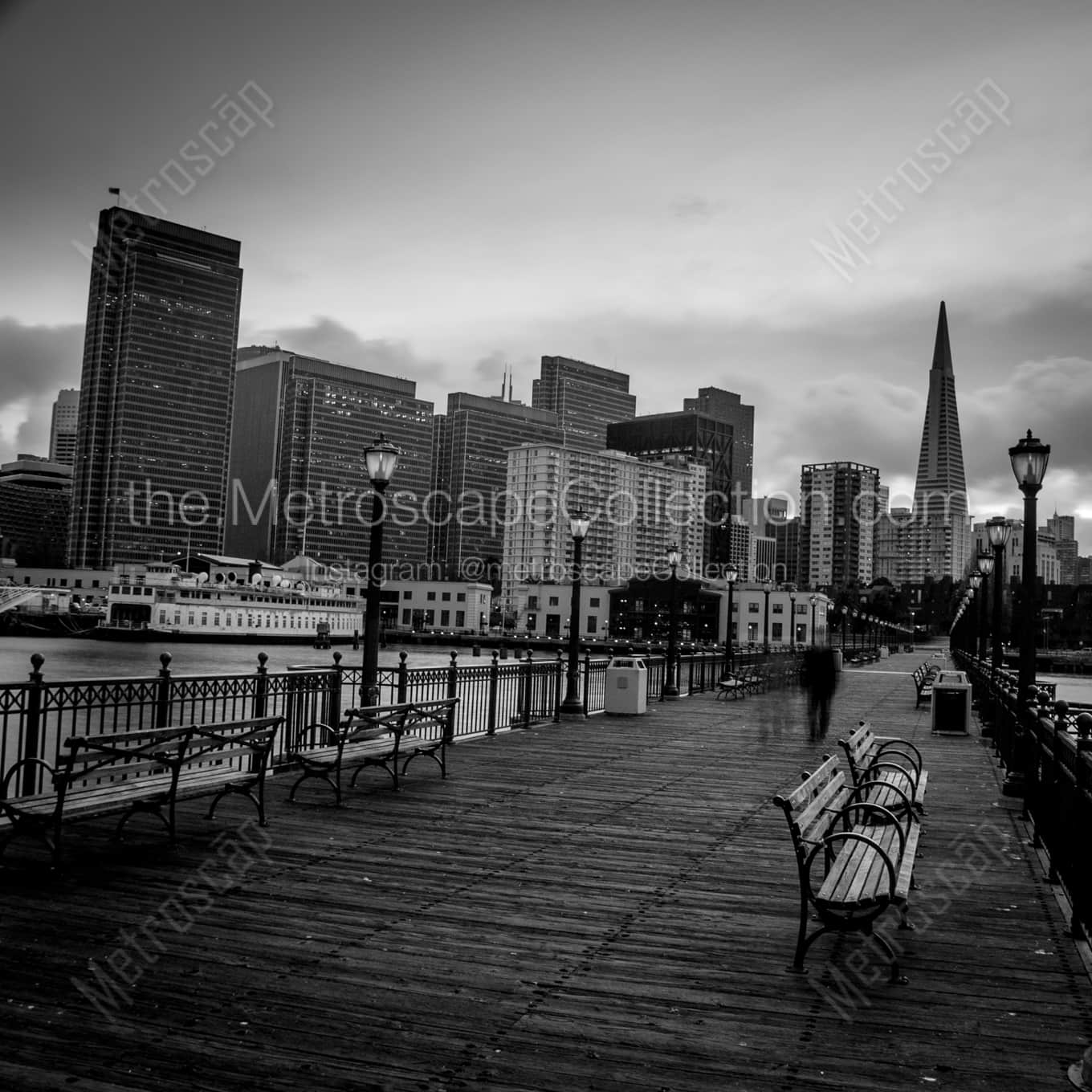 Park Benches Line the Edges of Pier 7 in San Francisco landscape black and white Photography Park Benches Line the Edges of Pier 7 in San Francisco landscape black and white Photography square crop