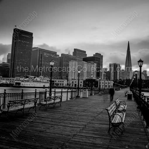 Matte Black WOOD Framed Black and White San Francisco Photograph: Park Benches Line the Edges of Pier 7 in San Francisco in a Square Matte Black Wood Frame