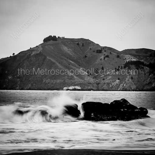 Matte Black WOOD Framed Black and White San Francisco Photograph: Small Waves Crash on to Baker Beach in a Square Matte Black Wood Frame