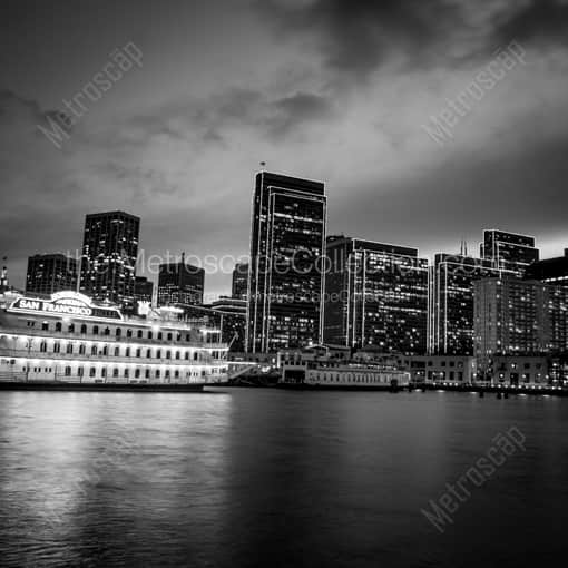Matte Black WOOD Framed Black and White San Francisco Photograph: The Hornblower Booze Cruise Ship in San Francisco Bay in a Square Matte Black Wood Frame