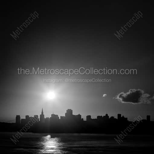 Matte Black WOOD Framed Black and White San Francisco Photograph: The Sun Rises Above the San Francisco Skyline in a Square Matte Black Wood Frame