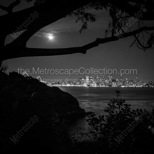 Matte Black WOOD Framed Black and White San Francisco Photograph: The San Francisco Skyline from Yerba Buena Island in a Square Matte Black Wood Frame