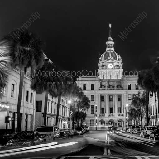 Matte Black WOOD Framed Black and White Savannah Photograph: Savannah City Hall from Johnson Square in a Square Matte Black Wood Frame