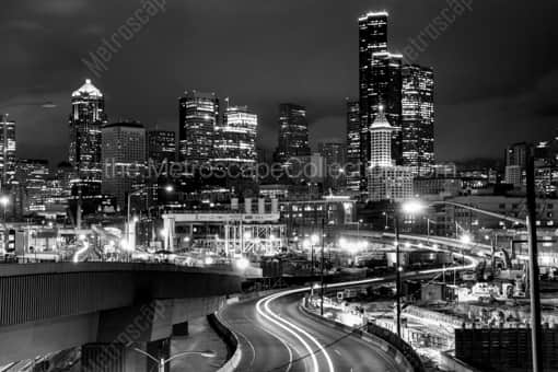 The Seattle Skyline over Alaskan Way -- Seattle Black and White Photography