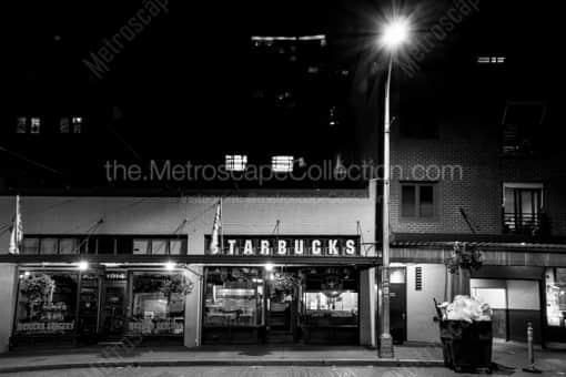 The Original Starbucks at Night -- Seattle Black and White Photography