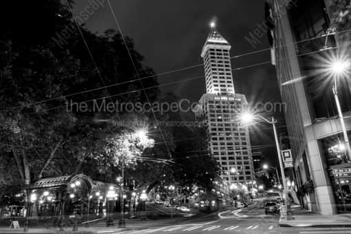 Smith Tower and Pioneer Square at Night -- Seattle Black and White Photography