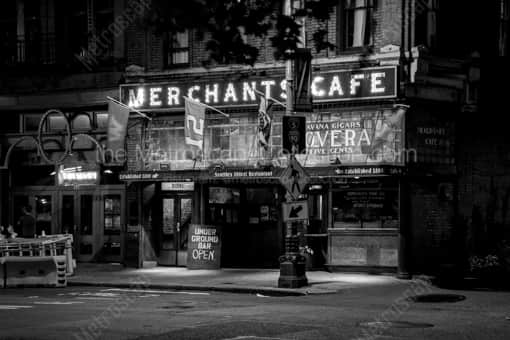 Seattle Black and White Photography of Merchants Cafe at Night in Pioneer Square Merchants Cafe at Night in Pioneer Square -- Seattle Black and White Photography