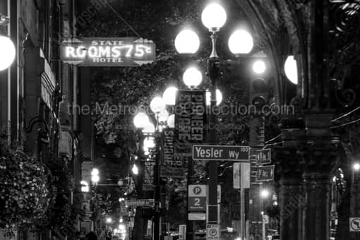 Yesler Way in Pioneer Square at Night -- Seattle Black and White Photography