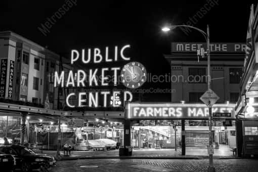Pike Place Public Market at Night -- Seattle Black and White Photography