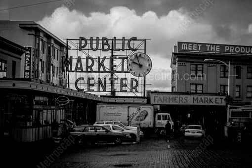 Seattle Black and White Photography of The Public Market Center Sign at Pike and First The Public Market Center Sign at Pike and First -- Seattle Black and White Photography