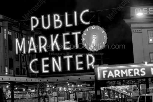 Seattle Black and White Photography of The Public Market Center Sign at Pike and First The Public Market Center Sign at Pike and First -- Seattle Black and White Photography