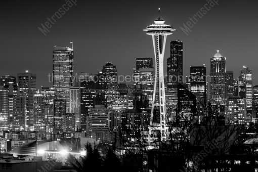 The Space Needle at Night -- Seattle Black and White Photography