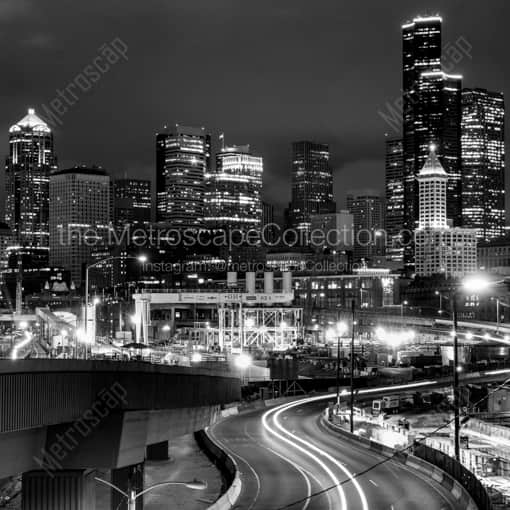 Matte Black WOOD Framed Black and White Seattle Photograph: The Seattle Skyline over Alaskan Way in a Square Matte Black Wood Frame