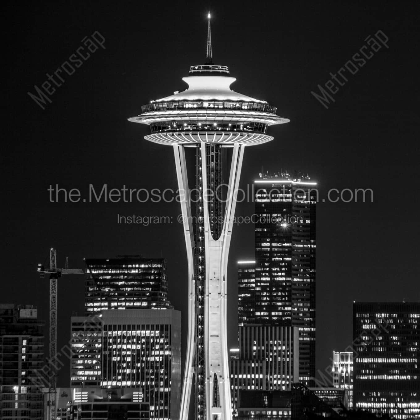 The Seattle Space Needle at Night landscape black and white Photography The Seattle Space Needle at Night landscape black and white Photography square crop