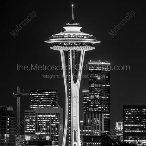 Matte Black WOOD Framed Black and White Seattle Photograph: The Seattle Space Needle at Night in a Square Matte Black Wood Frame