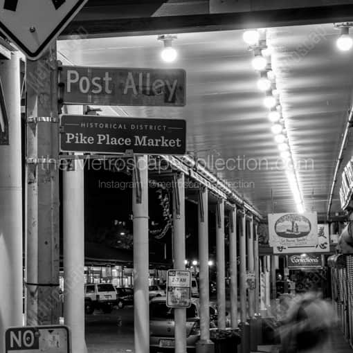 Matte Black WOOD Framed Black and White Seattle Photograph: Pike Place Market Post Alley in a Square Matte Black Wood Frame