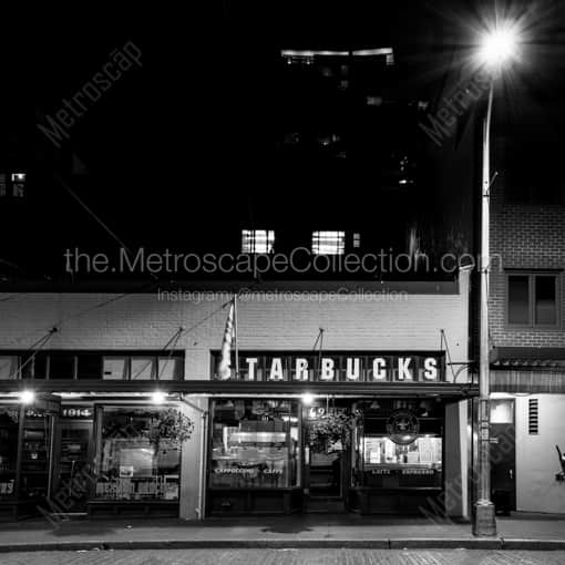 Matte Black WOOD Framed Black and White Seattle Photograph: The Original Starbucks at Night in a Square Matte Black Wood Frame