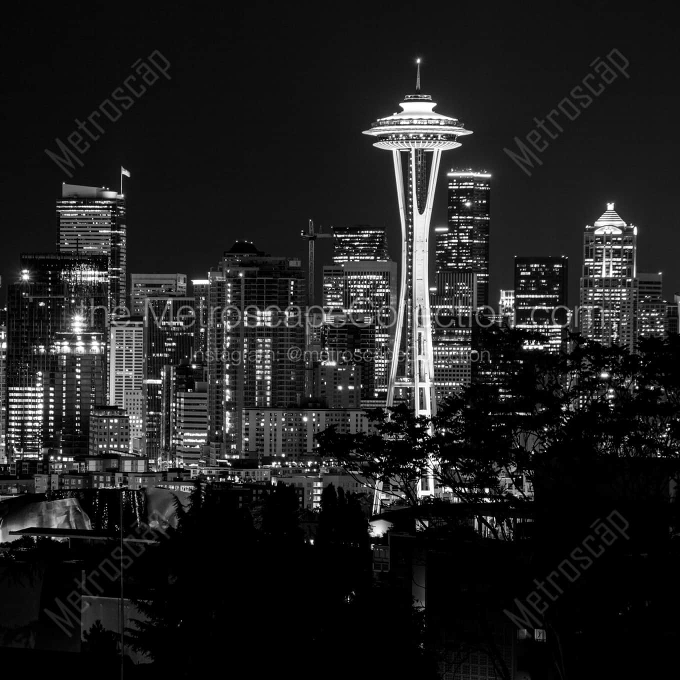The Seattle Skyline at Night landscape black and white Photography square crop