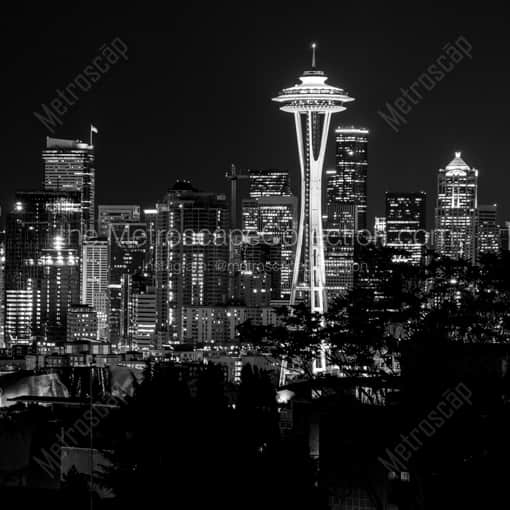 Matte Black WOOD Framed Black and White Seattle Photograph: The Seattle Skyline at Night in a Square Matte Black Wood Frame