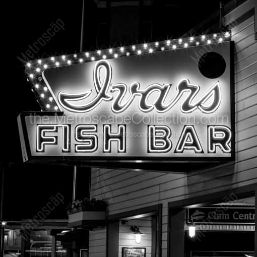 Matte Black WOOD Framed Black and White Seattle Photograph: Ivars Fish Bar in a Square Matte Black Wood Frame