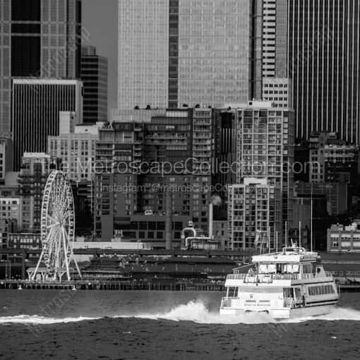 Matte Black WOOD Framed Black and White Seattle Photograph: A Puget Sound Ferry in a Square Matte Black Wood Frame