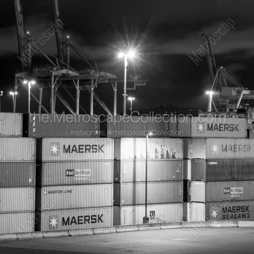 Matte Black WOOD Framed Black and White Seattle Photograph: Maersk Shipping Containers in a Square Matte Black Wood Frame