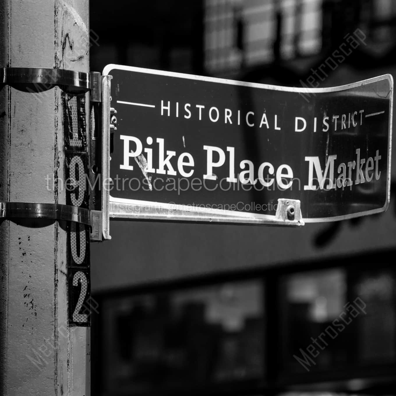 Pike Place Market Historical District Sign landscape black and white Photography Pike Place Market Historical District Sign landscape black and white Photography square crop