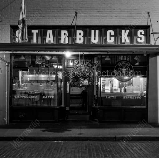 Matte Black WOOD Framed Black and White Seattle Photograph: The Original Pike Place Market Starbucks in a Square Matte Black Wood Frame