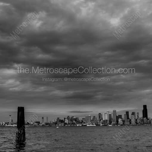 Matte Black WOOD Framed Black and White Seattle Photograph: Seattle from Seacrest Park in a Square Matte Black Wood Frame