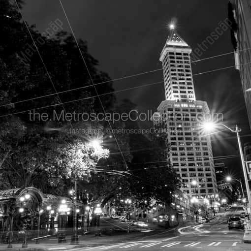 Matte Black WOOD Framed Black and White Seattle Photograph: Smith Tower and Pioneer Square at Night in a Square Matte Black Wood Frame