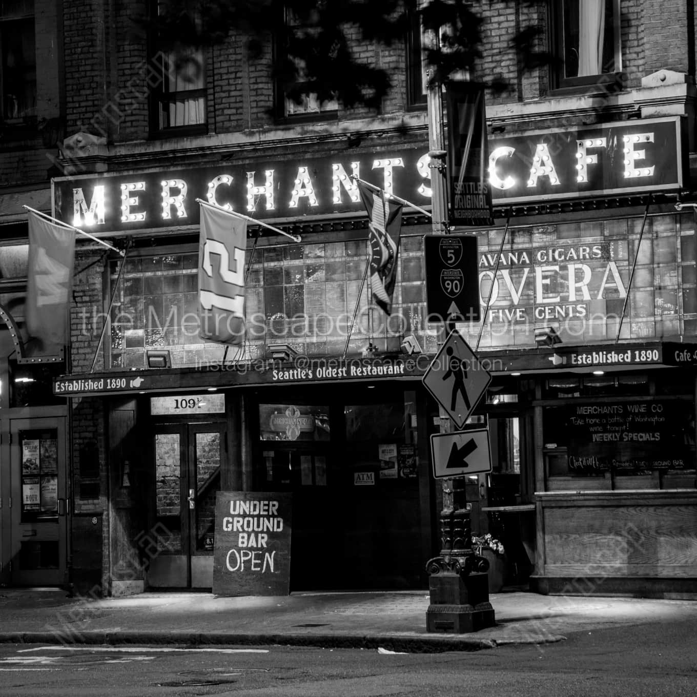 Merchants Cafe at Night in Pioneer Square landscape black and white Photography square crop