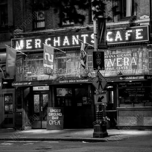 Matte Black WOOD Framed Black and White Seattle Photograph: Merchants Cafe at Night in Pioneer Square in a Square Matte Black Wood Frame
