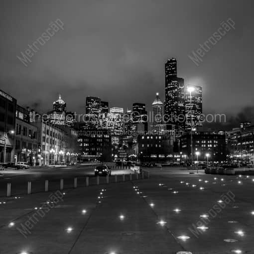 Matte Black WOOD Framed Black and White Seattle Photograph: The Seattle Skyline from Century Link Field in a Square Matte Black Wood Frame
