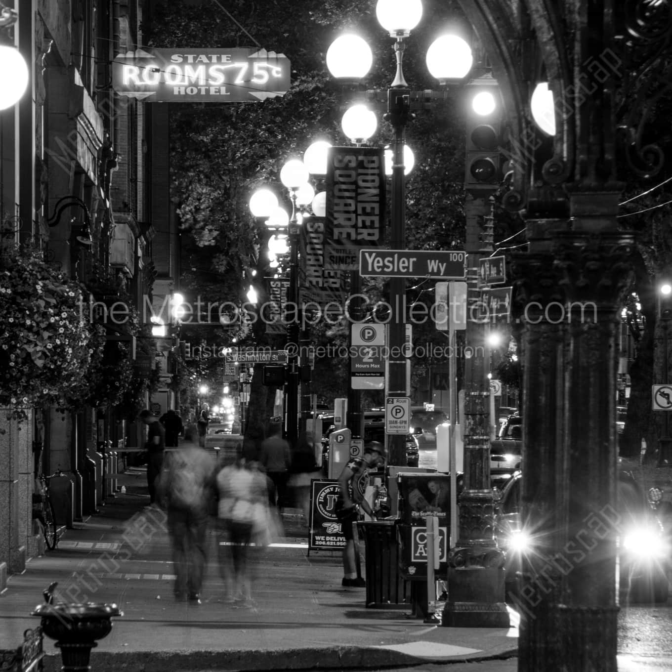 Yesler Way in Pioneer Square at Night landscape black and white Photography Yesler Way in Pioneer Square at Night landscape black and white Photography square crop
