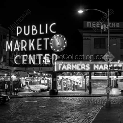 Matte Black WOOD Framed Black and White Seattle Photograph: Pike Place Public Market at Night in a Square Matte Black Wood Frame