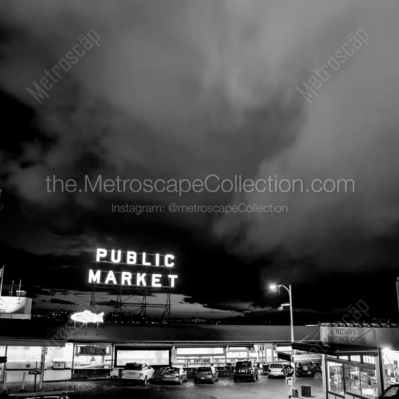The Seattle Public Market Sign landscape black and white Photography The Seattle Public Market Sign landscape black and white Photography square crop