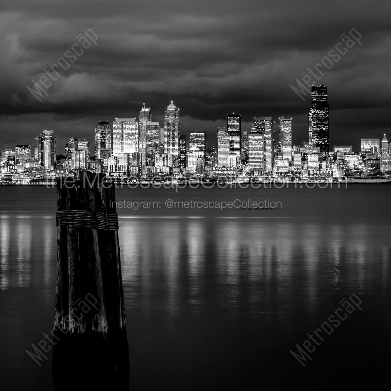 The Seattle Skyline at Dusk from Elliot Bay landscape black and white Photography The Seattle Skyline at Dusk from Elliot Bay landscape black and white Photography square crop