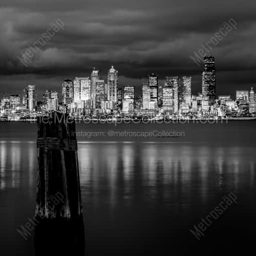 Matte Black WOOD Framed Black and White Seattle Photograph: The Seattle Skyline at Dusk from Elliot Bay in a Square Matte Black Wood Frame