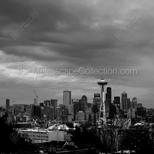 Matte Black WOOD Framed Black and White Seattle Photograph: The Seattle Skyline from Queen Anne Hill in a Square Matte Black Wood Frame